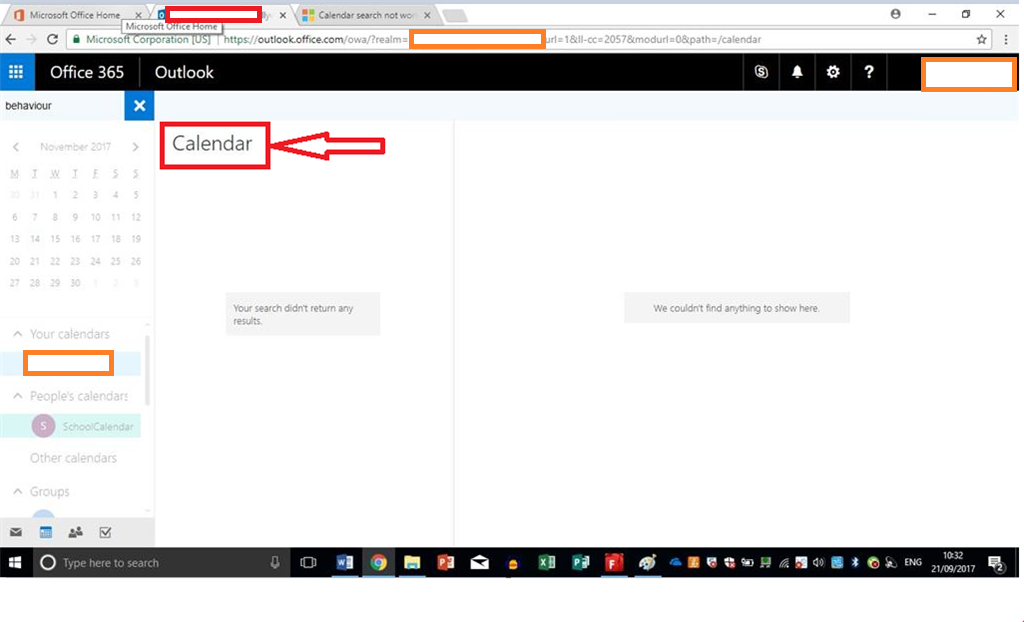 Calendar search not working online or with Outlook app through