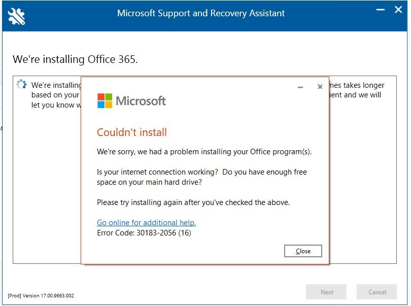 Error Code: 30183-2056 (16) - Microsoft Community
