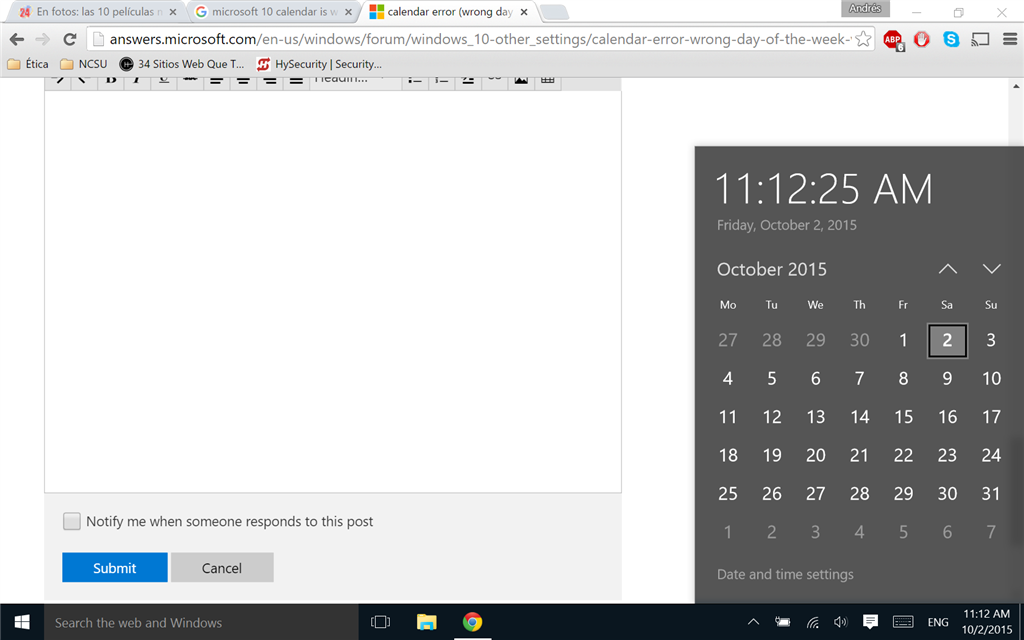 calendar error (wrong day of the week) windows 10 Microsoft Community