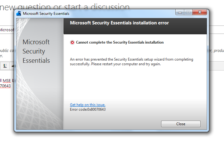 Код ошибки 0x80070643 microsoft security essentials windows 7