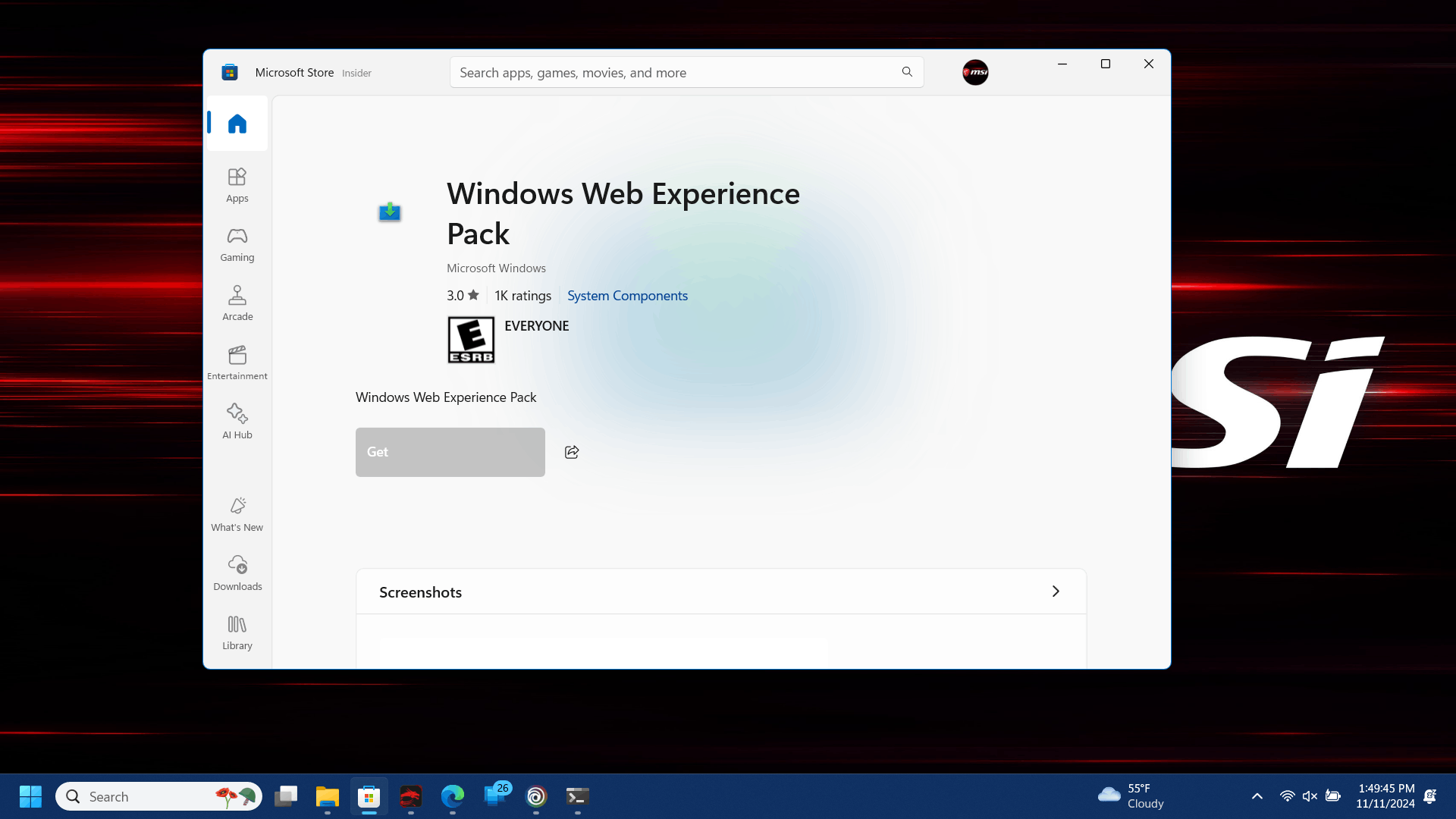 Windows Web Experience Pack update available, unable to update 