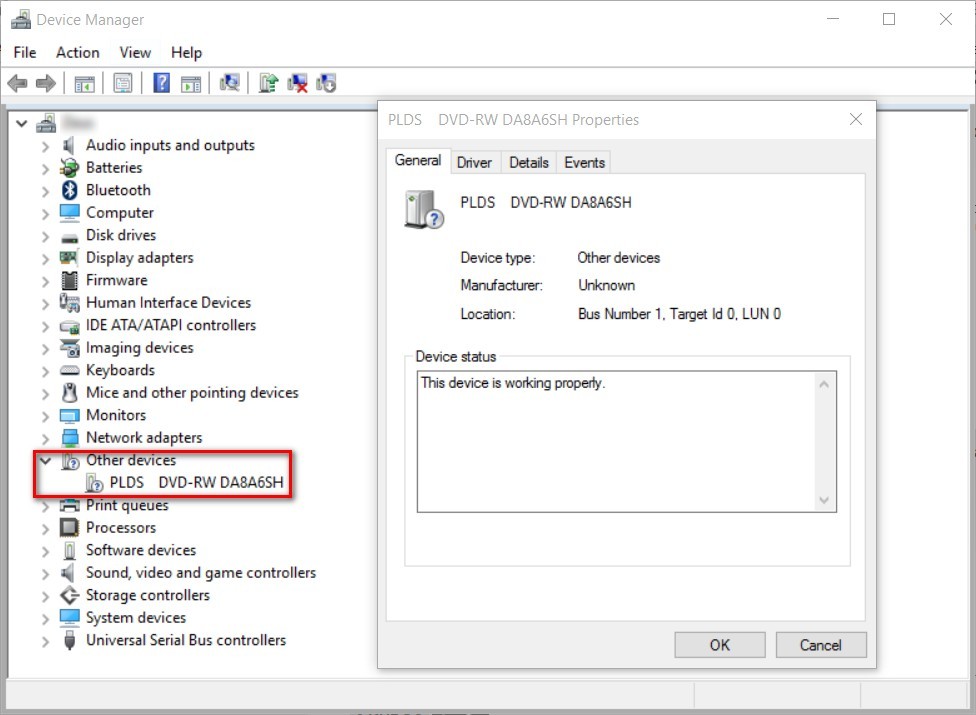 No detect driver DVD-RW PLDS DA8A6SH - Microsoft Community