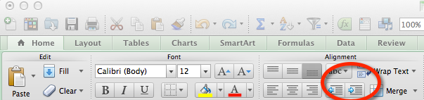 Shortcut to indent in excel