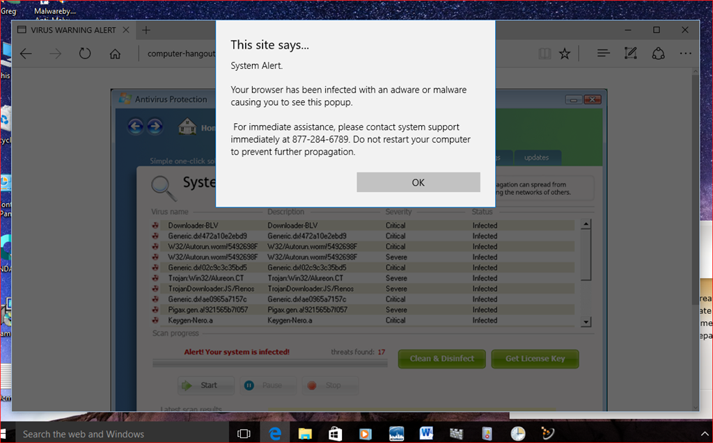 Popup 'Microsoft' warning and phone number came up