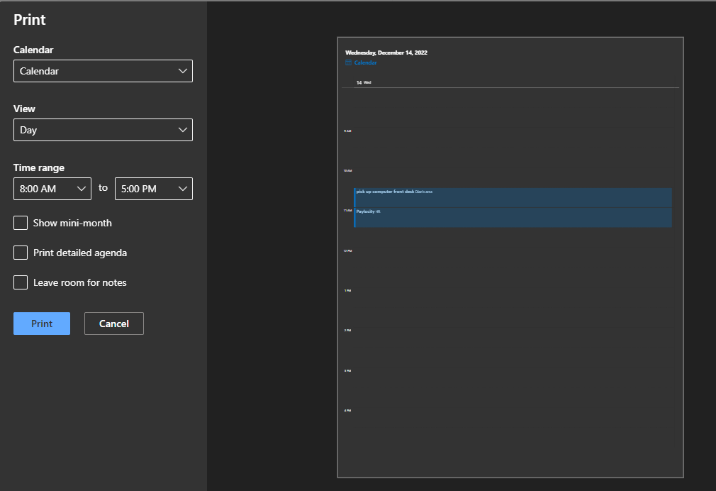 Owa print daily meeting print preview not showing microsoft community