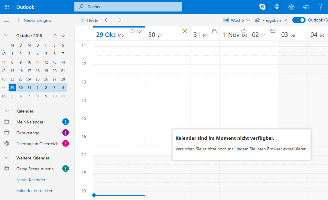 Meldung "Kalender sind im Moment nicht verfügbar" auf Outlook.com