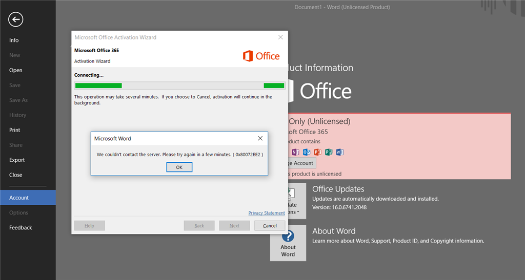 Impossible to Activate my Office 365 (0x80072EE2) - Microsoft Community