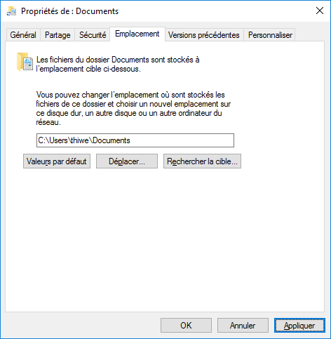 Changer l'emplacement du dossier Documents de Windows 