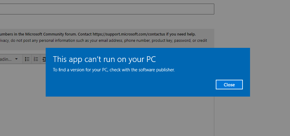 This App Cant Run On Your Pc Error Microsoft Community 6796