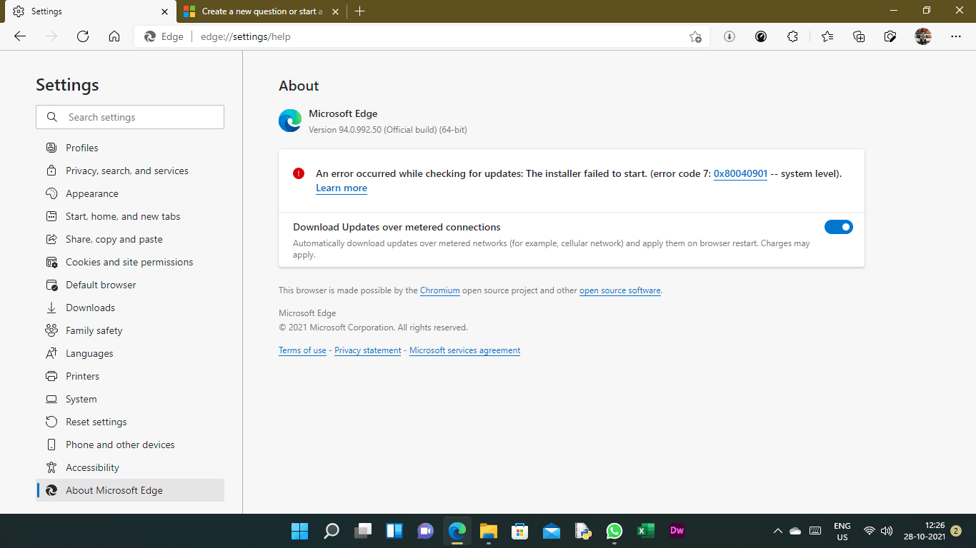 Microsoft Edge update error 7: 0x80040901 - Microsoft Community