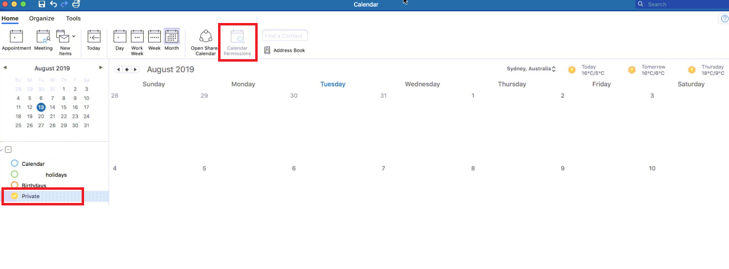 Outlook for Mac Calendar Permission is grayed out for subfolder