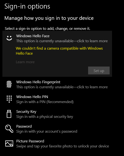 How can I set up the Windows Hello face login?