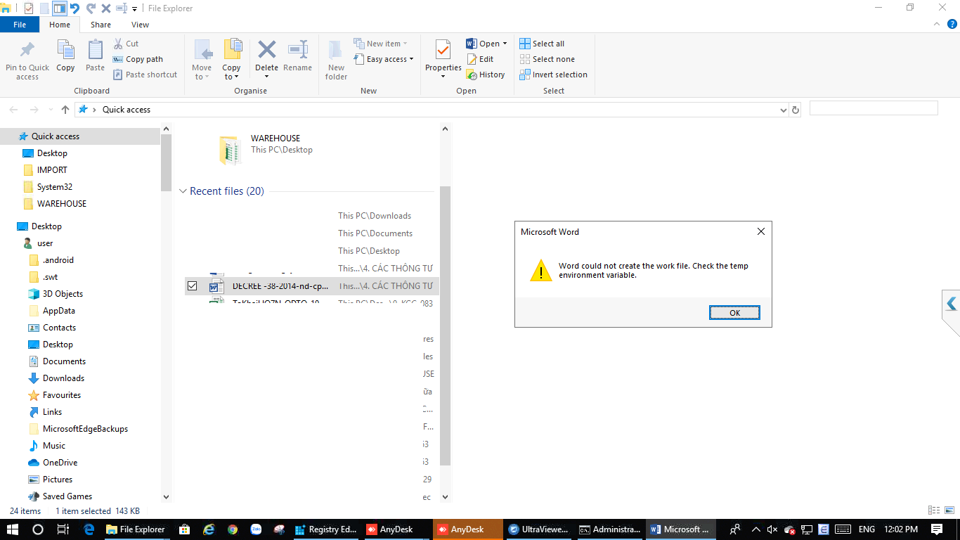 O365 Microsoft Word Could Not Create The Work File Check The Temp Microsoft Community