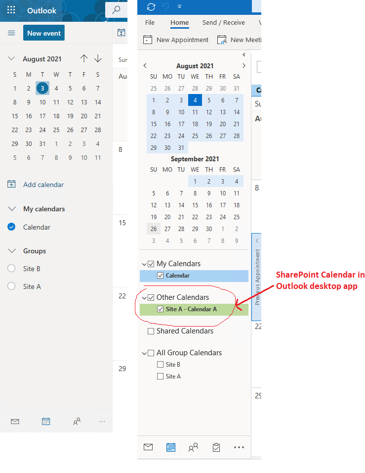 Syncing/Connecting Sharepoint calendar to Outlook online Microsoft