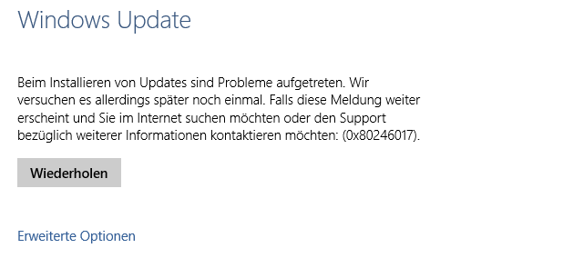 Windows 10 Update schlägt ständig fehl (0x80246017)