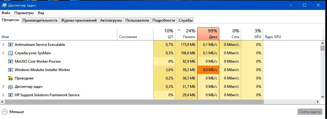 Диск загружен на % процентов в диспетчере задач Windows — что делать?