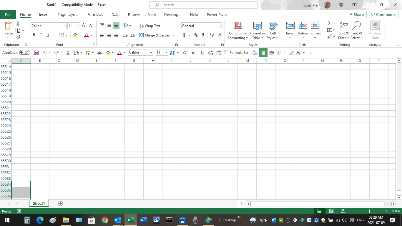 Excel 64-bit is installed but I am still limited to 65536 rows 