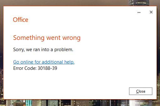 Error code 30188-28 (30188-39) when updating (installing) Office 