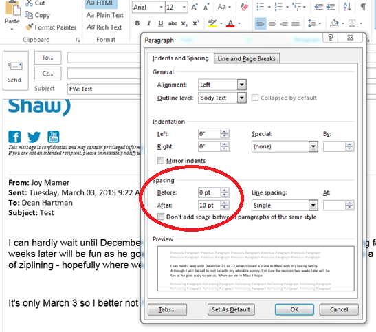 Outlook 365 (15.6) for Mac adding 10pt after spacing paragraph on 