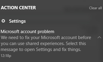 fix microsoft account shared experiences