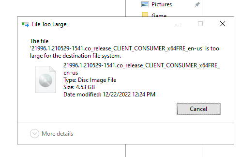 Why does it say file is too large for destination when the - Microsoft  Community