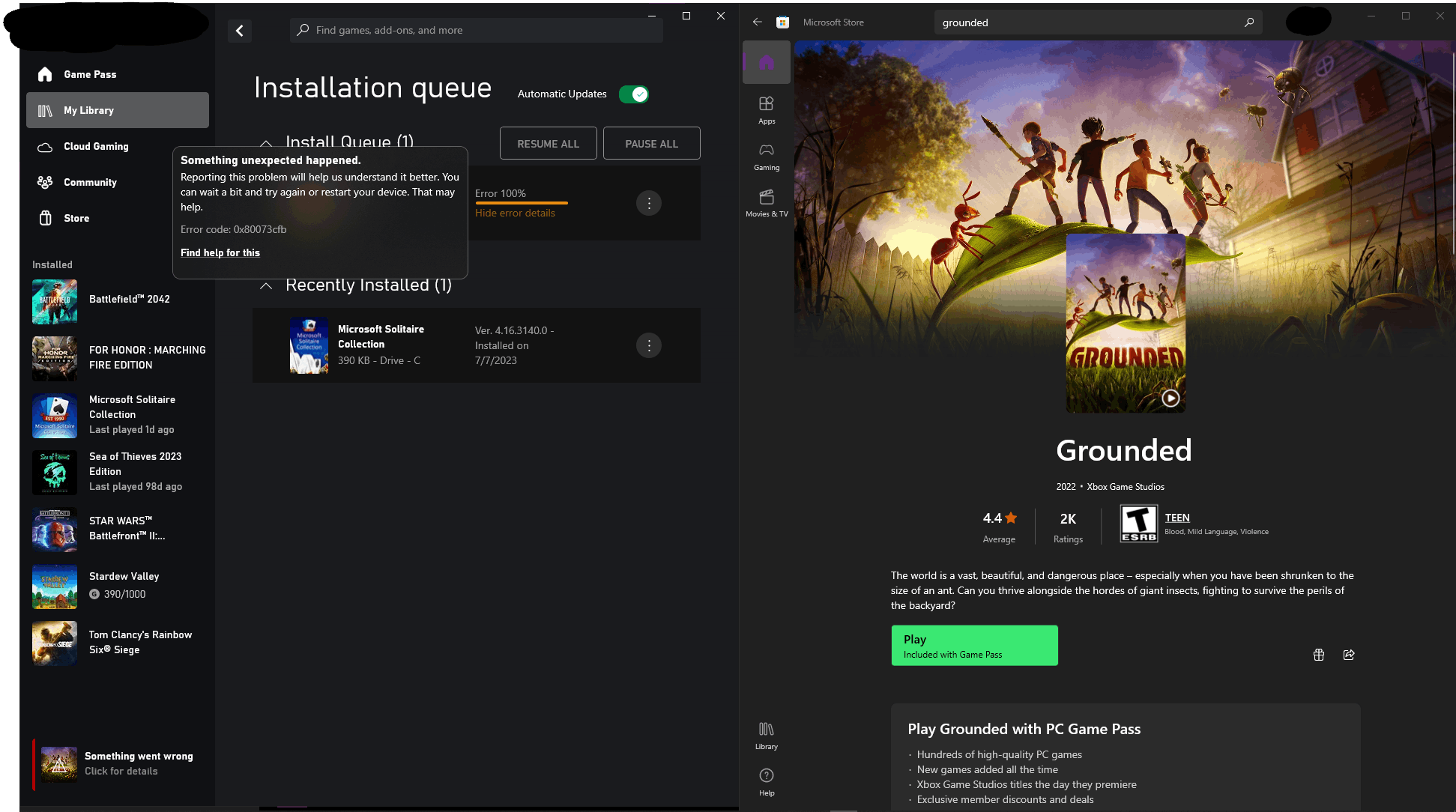 i cannot download game grounded in xbox game pass pc app. it has error -  Microsoft Community