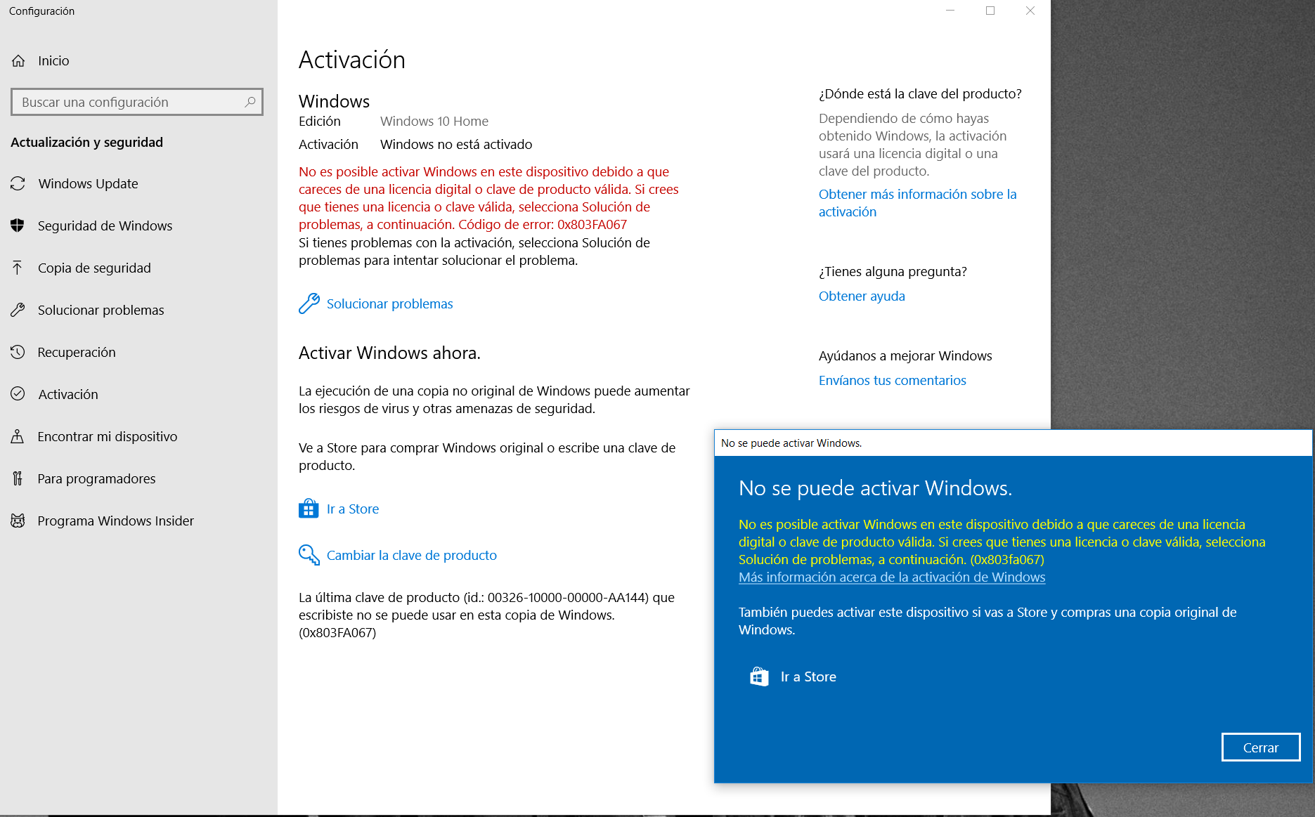 Windows 10 No Se Activa Error 0x803fa067 Microsoft Community