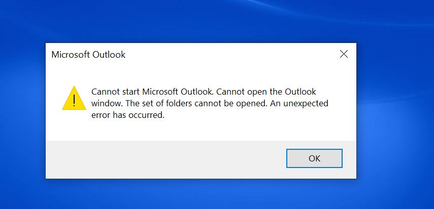 I can not open the outlook. Unexpected error has ocurred as shown in ...