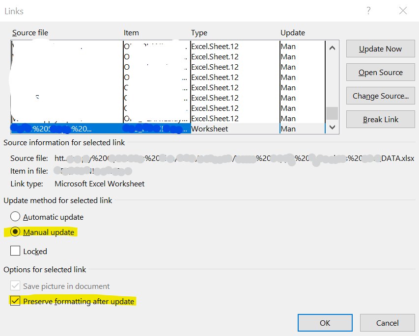 word excel links not updating automatically