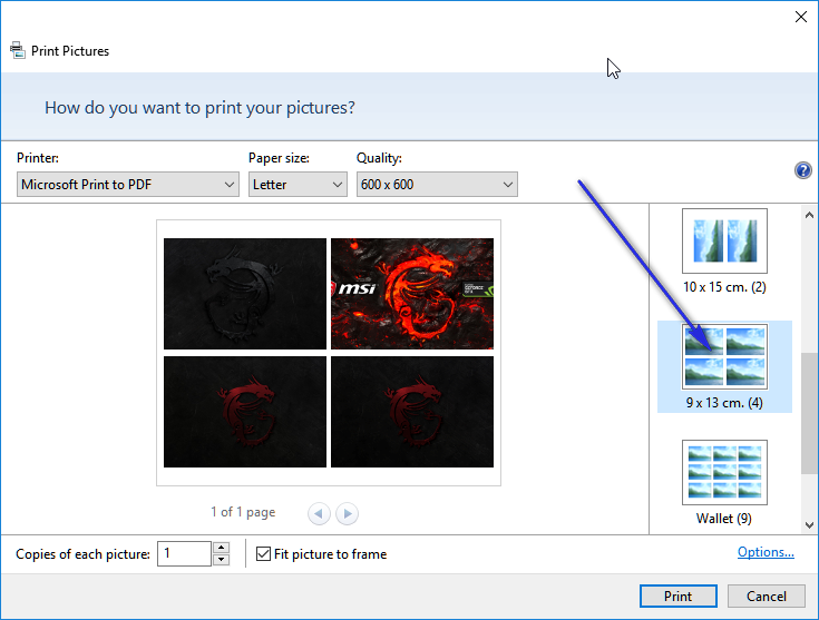 How do i print 4 pictures on one sheet of paper microsoft community
