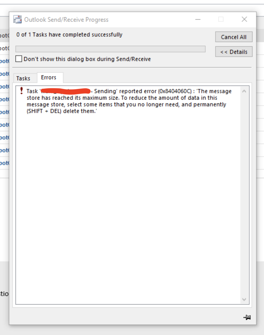 Outlook - The Message Store has reached its maximum size 