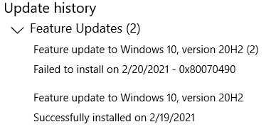Feature Update To Windows 10 Version 20h2 Failed Microsoft Community