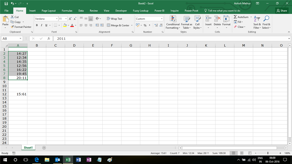 excel trying average time using custom cells 