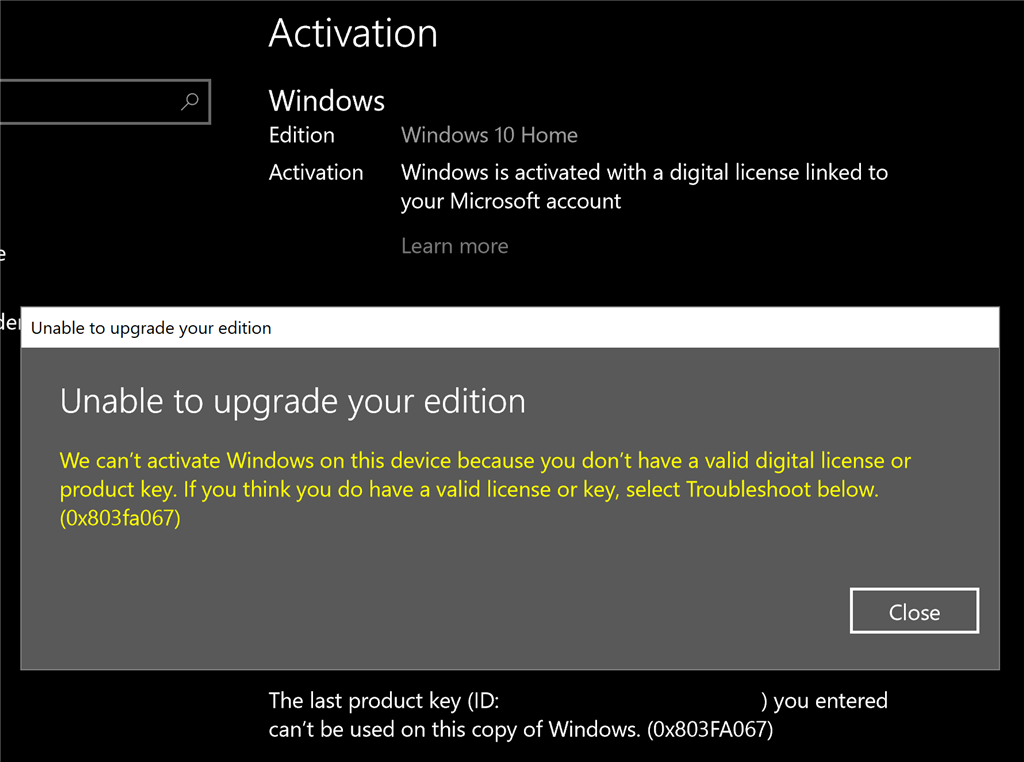 Error 0x803fa067 when upgrading fresh install Windows 10 Home to Pro - Microsoft Community