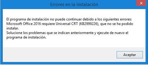 microsoft office 2016 requiere universal crt windows 8