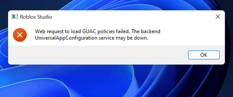 Roblox Studio not working- Message that Web request to load GUAC