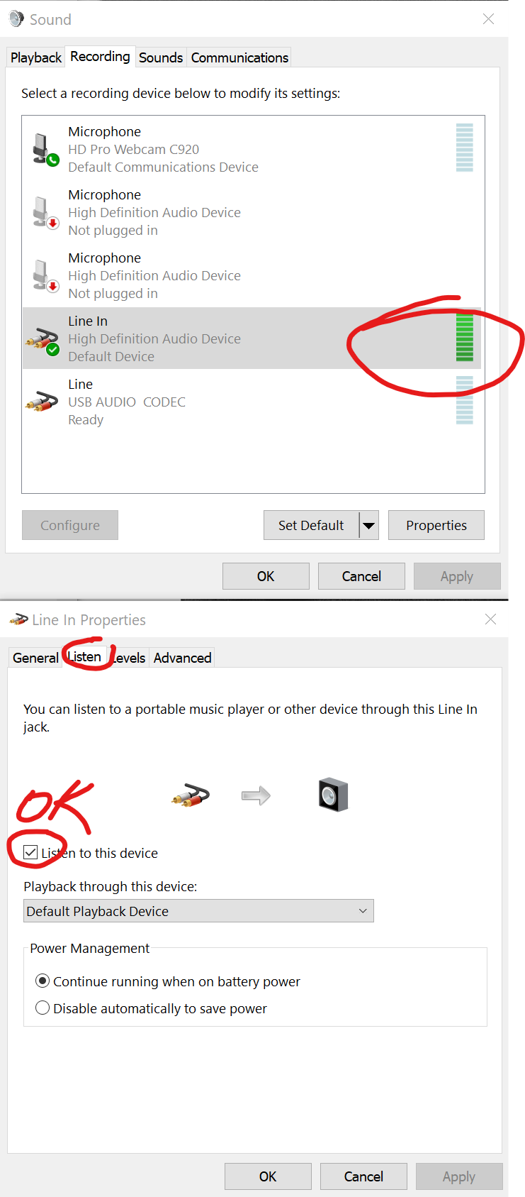 Line In > Not plugged in Microsoft Community