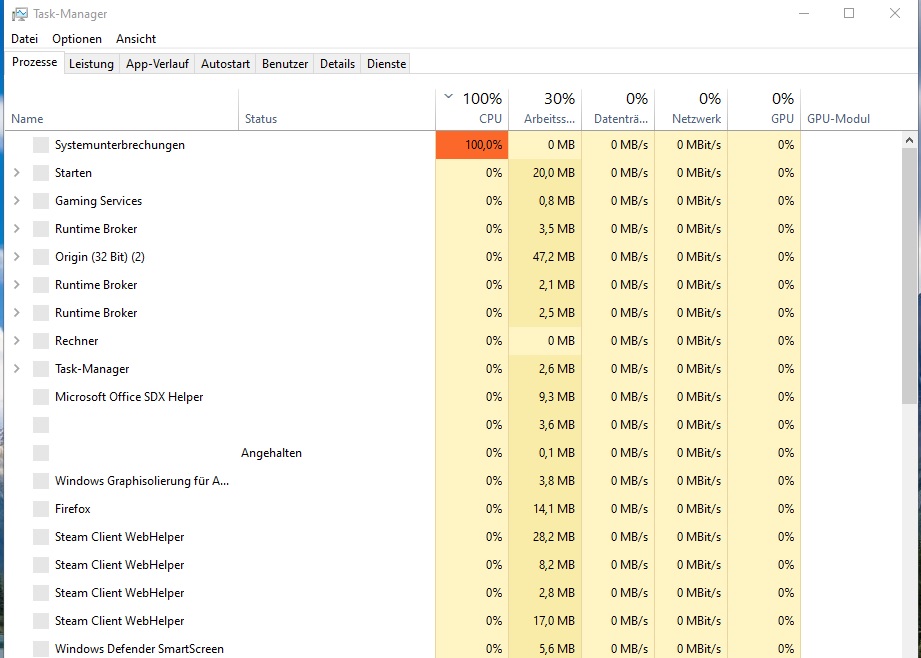 Systemunterbrechung CPU 100 % Windows 10 Home