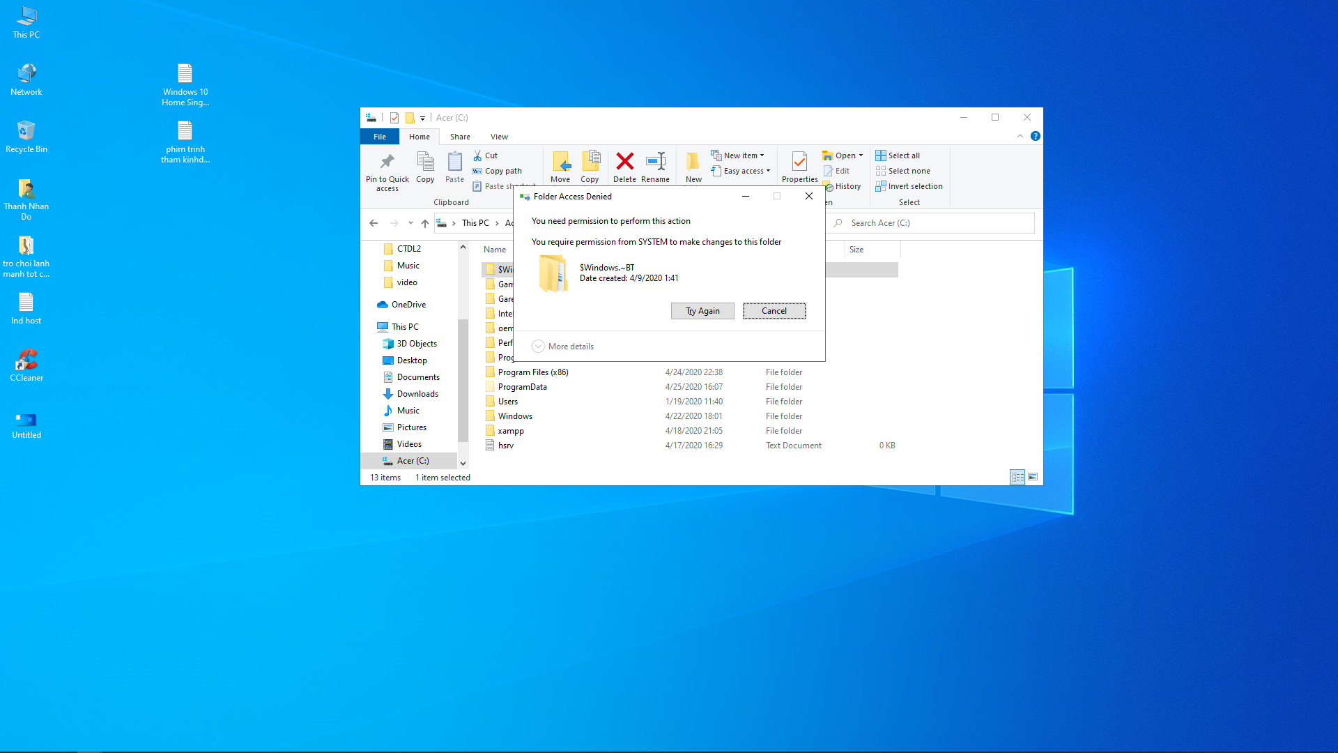 Windows setup cannot find a location to store temporary installation files как решить