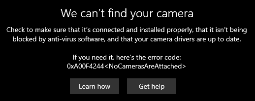 Error Code 0xA00F4244 NoCamerasAreAttached With no camera