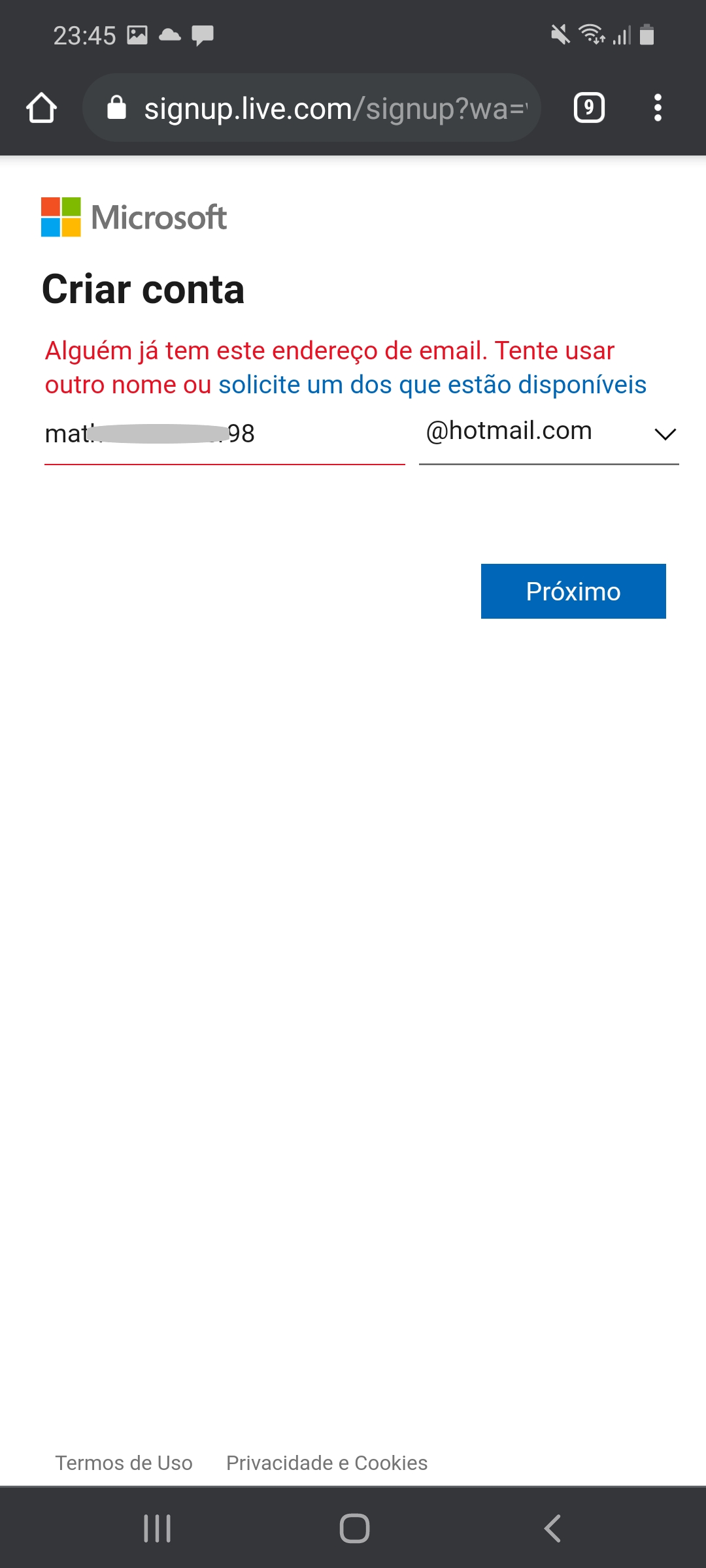 Problemas ao entrar no email do Hotmail