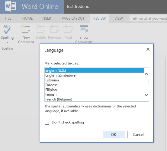 Set default proofing tool language in Word Online (Office 365) - Microsoft  Community