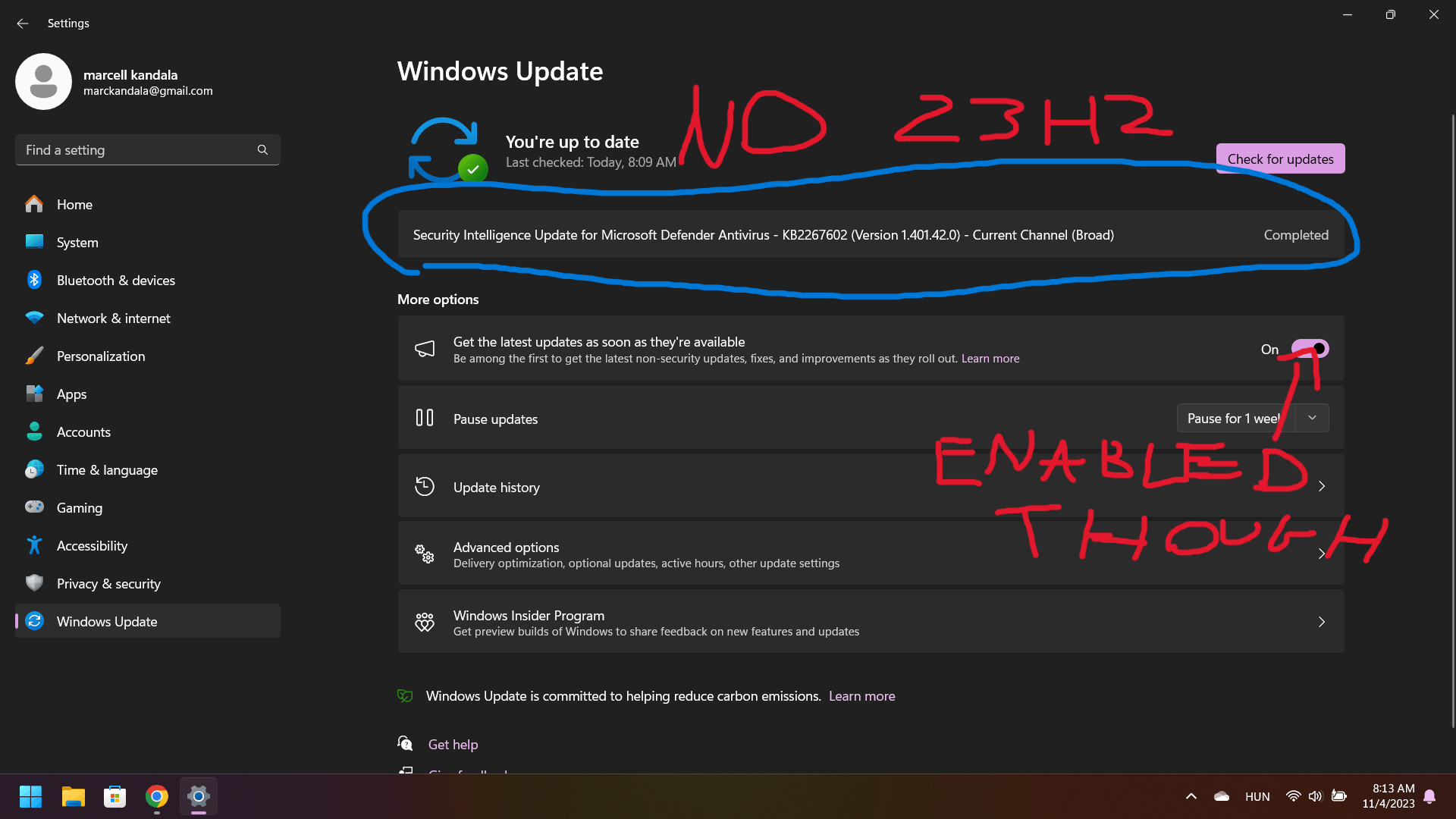 Update to Win 11 23H2 was showing as available but not now