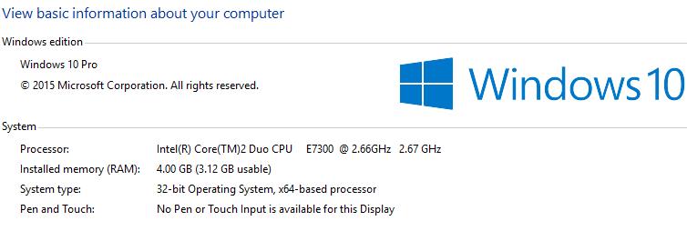 Win 10 Pro with 64bit Operating System, and x64-based Processor