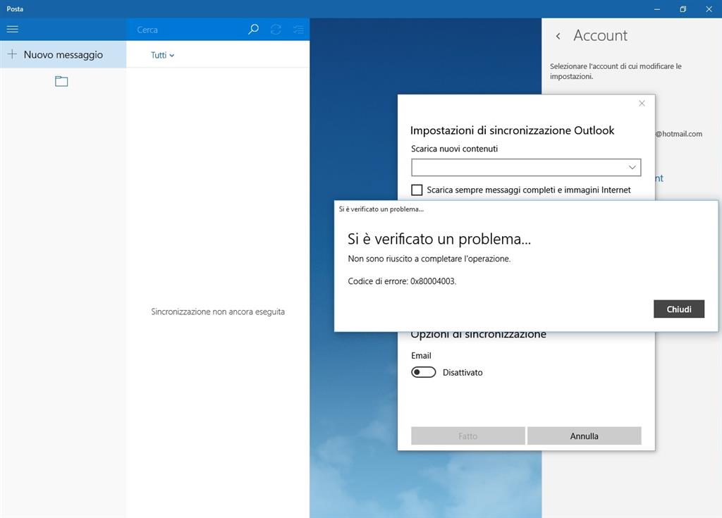 App Posta errore 0x80004003 Guida per eliminare e ricreare account
