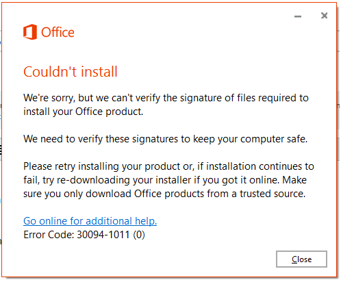 Can't Install Microsoft Office 365 - Error Code 30094-1011 - Microsoft  Community
