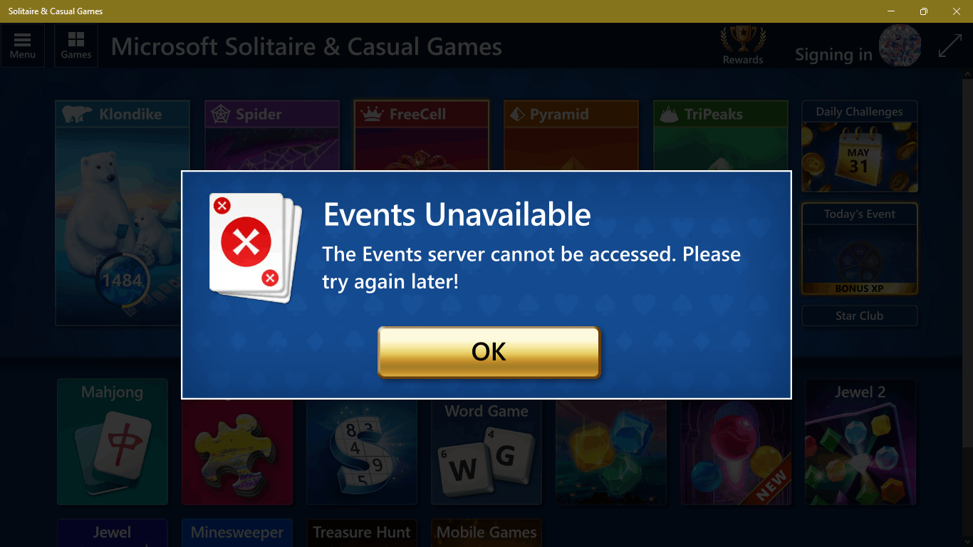 Microsoft Solitaire Collection won&rsquo;t load Today&rsquo;s Event 