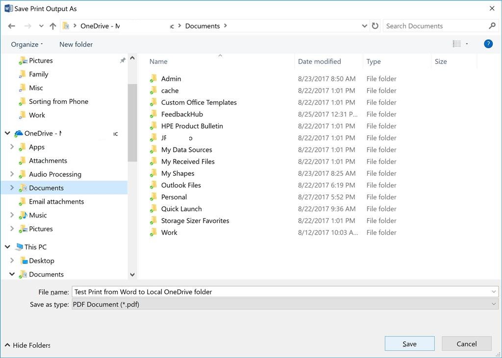 Unable to print to pdf and save to a local onedrive location