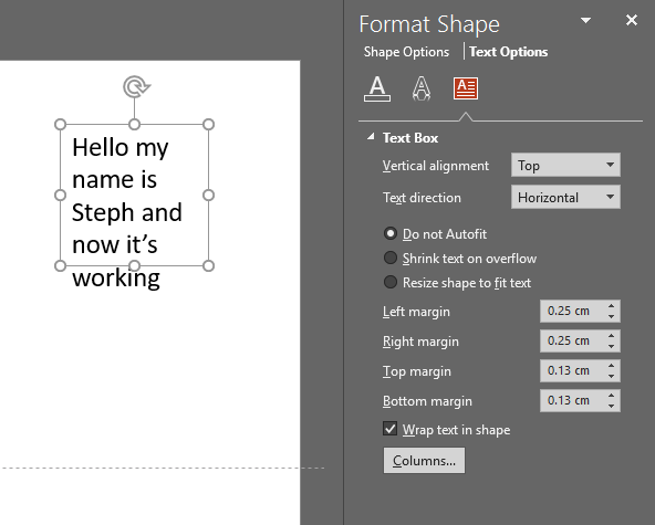 Default Text Box Not Saving Wrap Text To Shape Microsoft Community