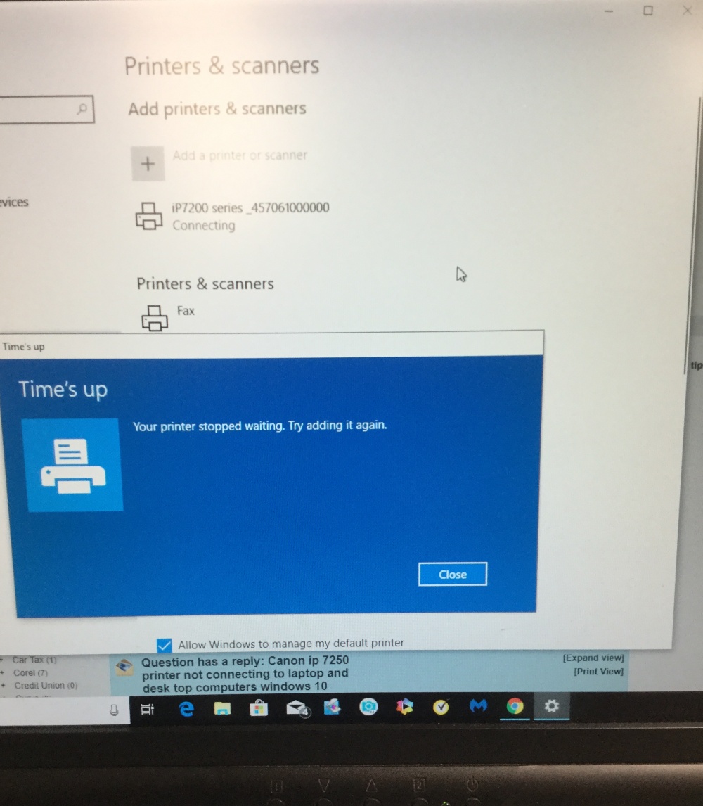 Canon Ip 7250 Printer Not Connecting To Laptop And Desk Top Computers Microsoft Community
